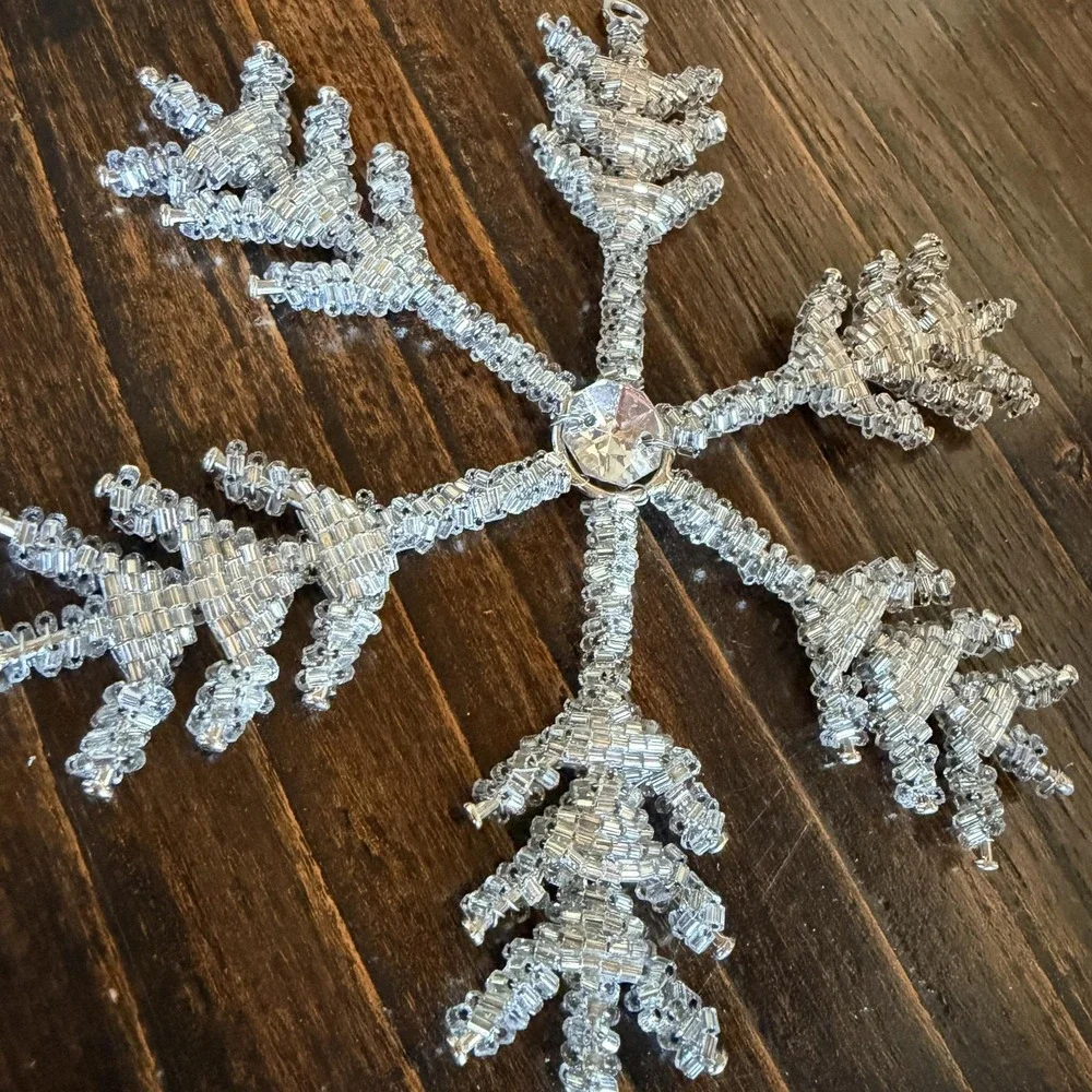 Silver Beaded Snowflake Bauble Ornament Glass Wire Rhinestone Christmas Decor